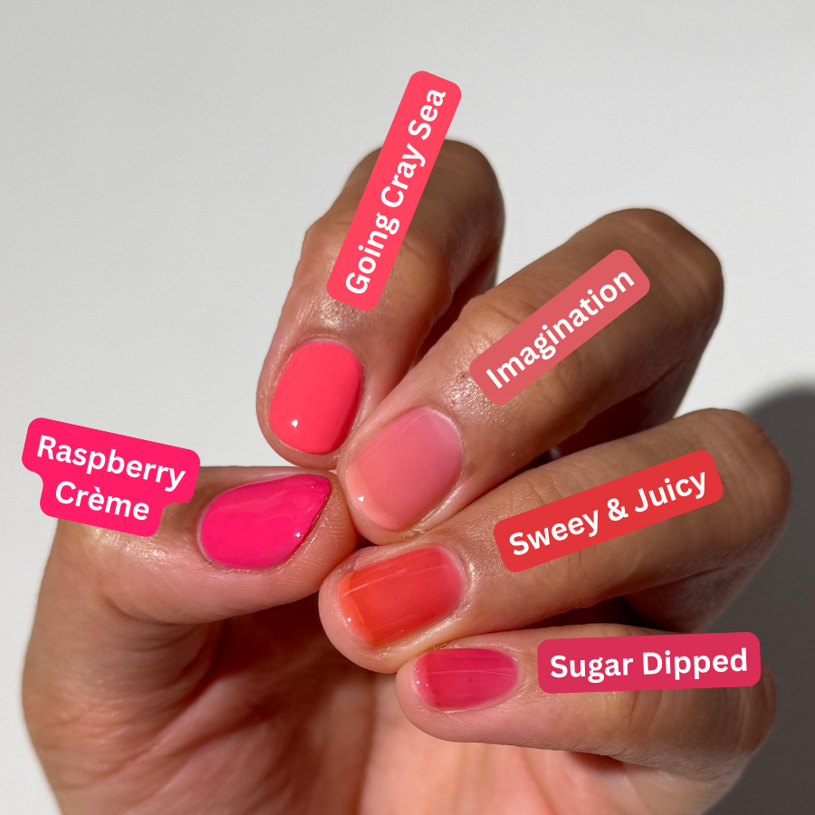 Hand with colorful nail polish and labeled colors on a white background