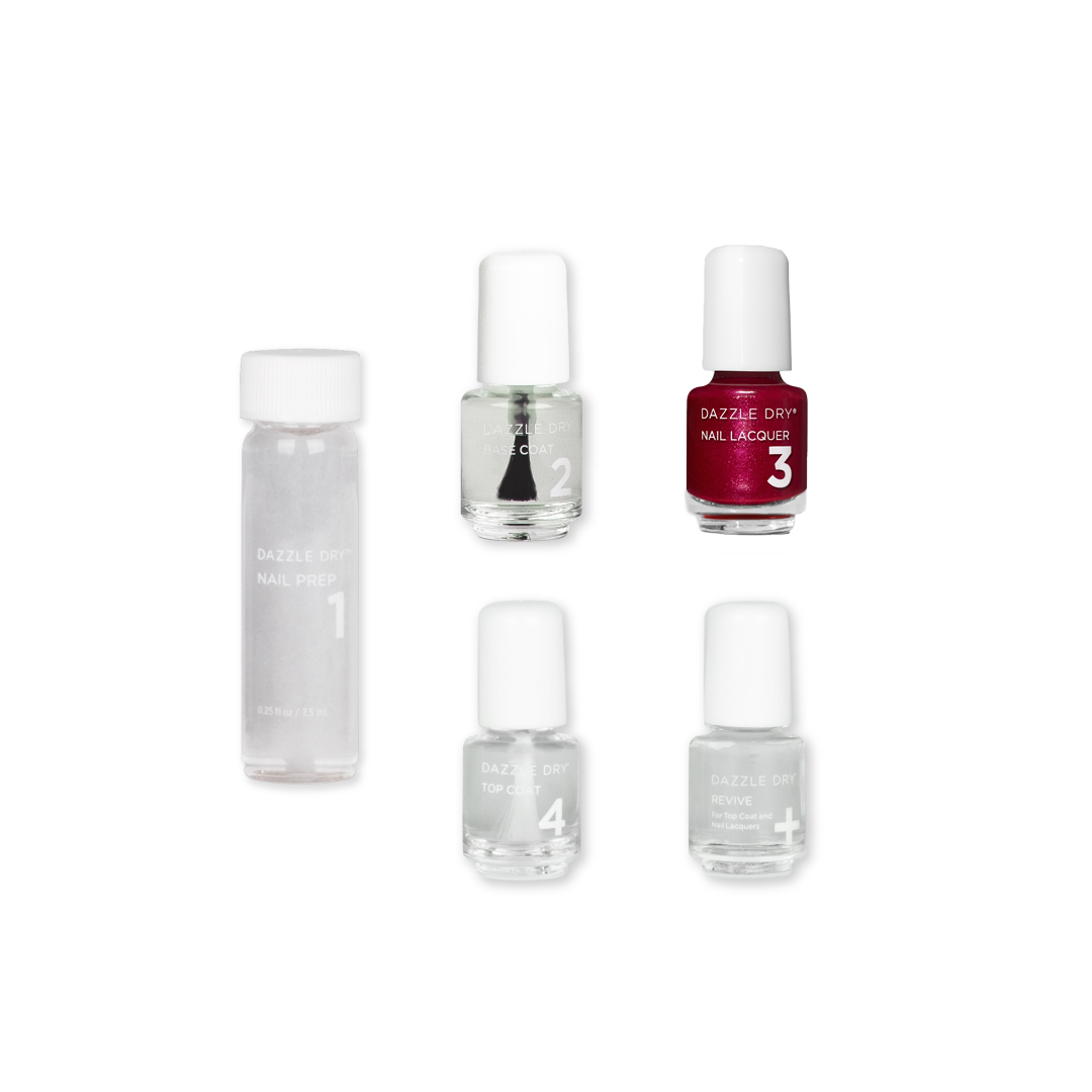Apple Of My Eye Mini Kit from Dazzle Dry. .25oz Nail Prep, .17oz Base Coat, .17oz Apple Of My Eye Lacquer, .17oz Top Coat, .17oz Revive.