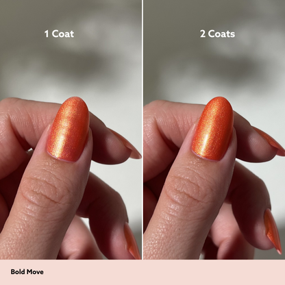 Comparison of '1 Coat' and '2 Coats' of orange nail polish on a neutral background.