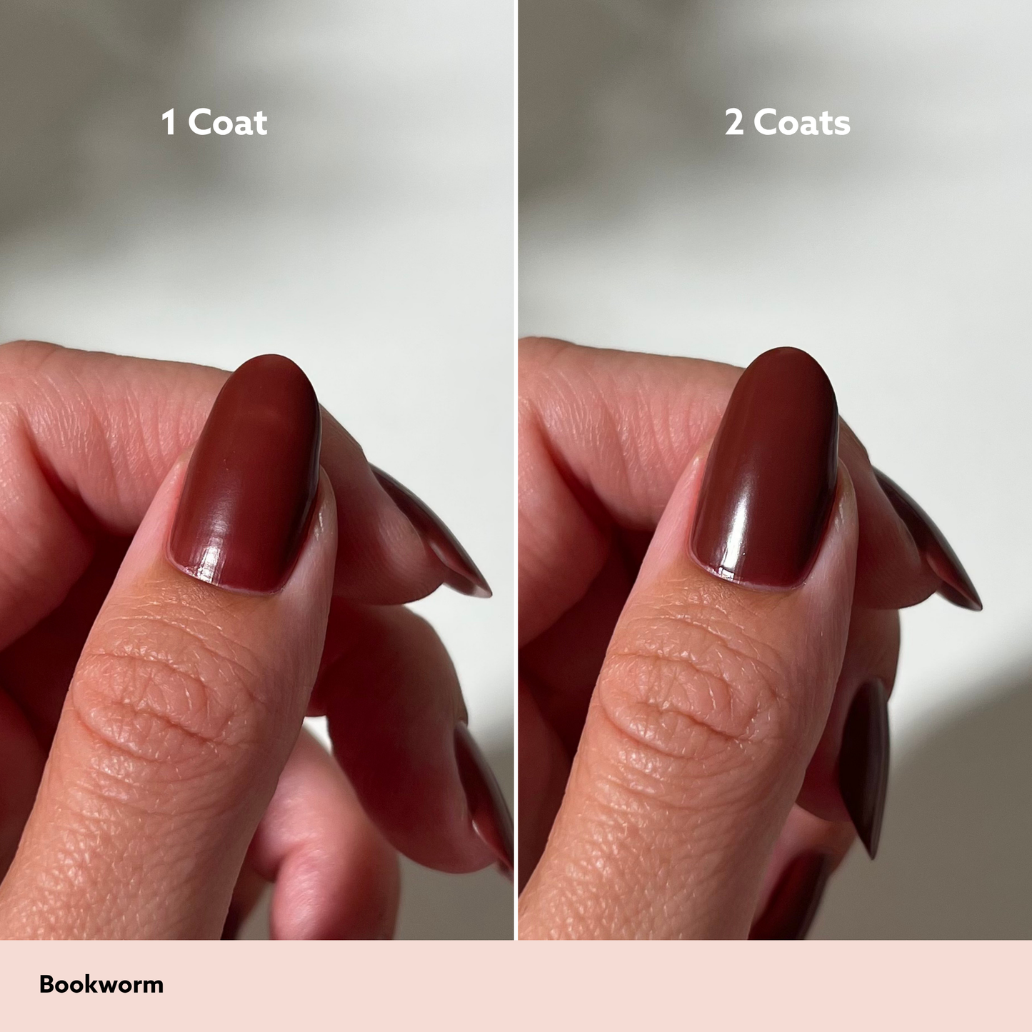 A split-screen comparison showing a close-up of a hand with long almond-shaped nails painted in a glossy deep burgundy shade. The left panel is labeled '1 Coat' and shows a lighter, less saturated finish, while the right panel is labeled '2 Coats' and shows a deeper, richer burgundy color.