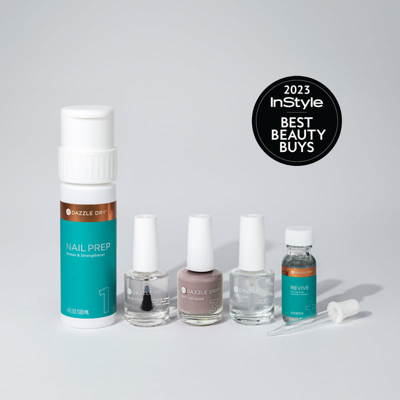 Broadway Beige System Kit - Nail Prep Bottle, Base Coat Bottle, Broadway Beige Lacquer Bottle, Top Coat Bottle, Revive Bottle 