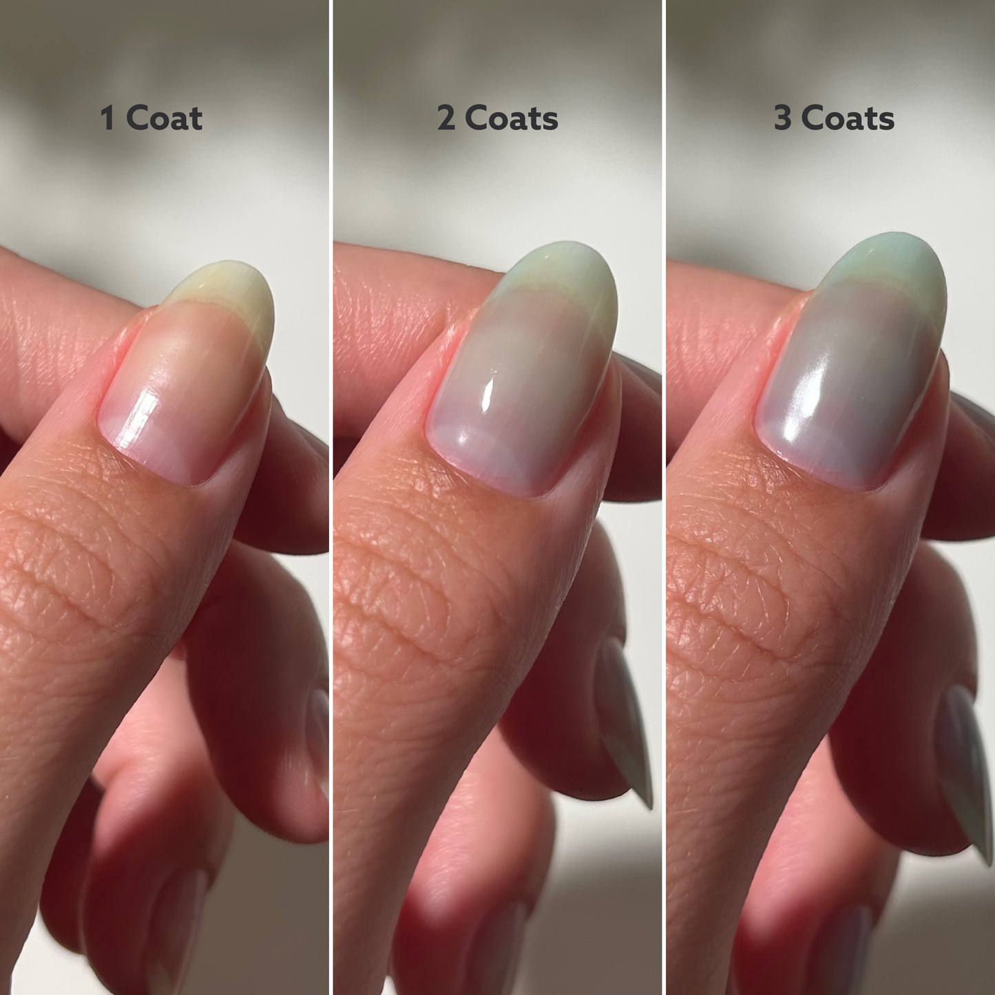 Hand Showing Different Coats For Candy Coated Jelly Polish by Dazzle Dry