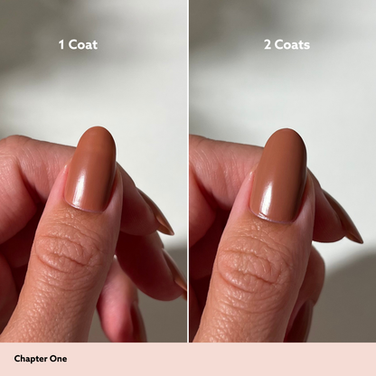 Split-screen comparison showing a fingernail before and after two coats of nail polish. The left panel is labeled '1 Coat' and shows a glossy medium brown nail.
