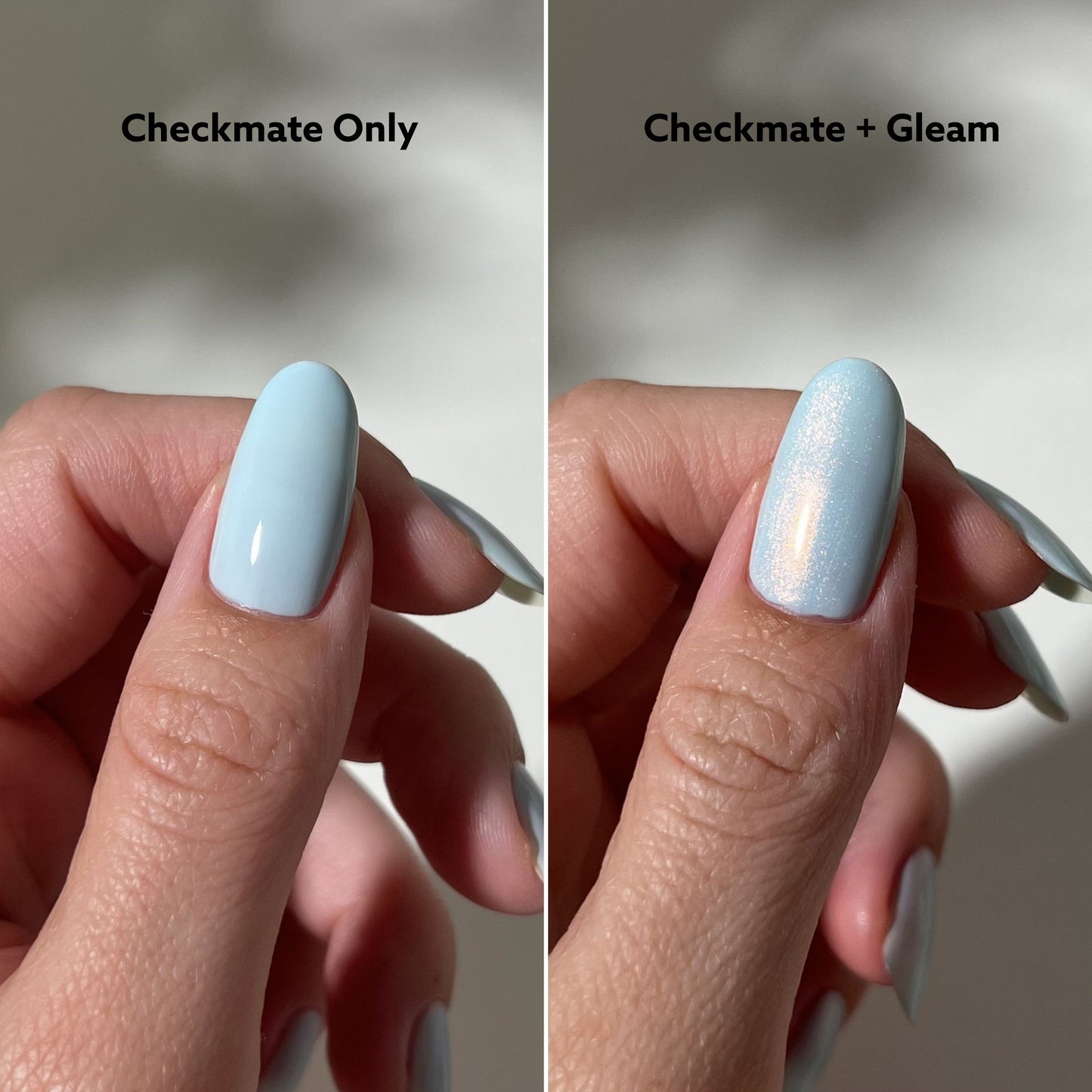 Comparison of light blue nail polish with and without a glossy finish on a blurred background.