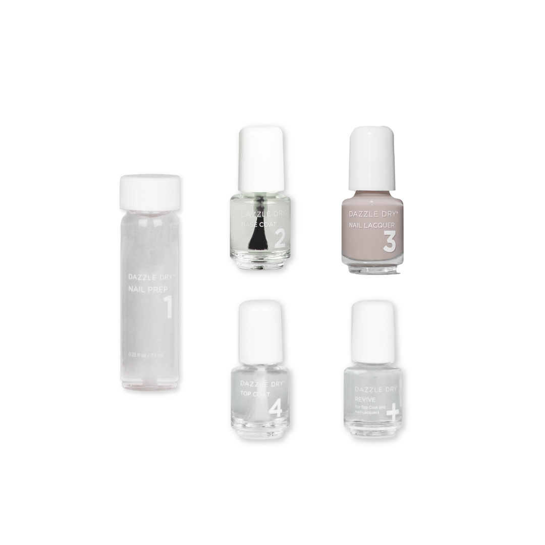 Chiffon Moment Mini Kit from Dazzle Dry. .25oz Nail Prep, .17oz Base Coat, .17oz Chiffon Moment Lacquer, .17oz Top Coat, .17oz Revive.