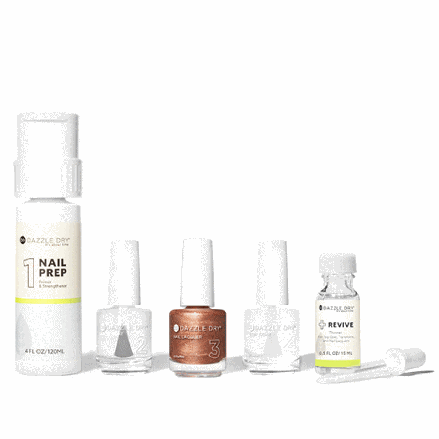 Dazzle Dry Complete System Kit alternating Lacquer colors. Nail Prep, Base Coat, Lacquer, Top Coat, Revive