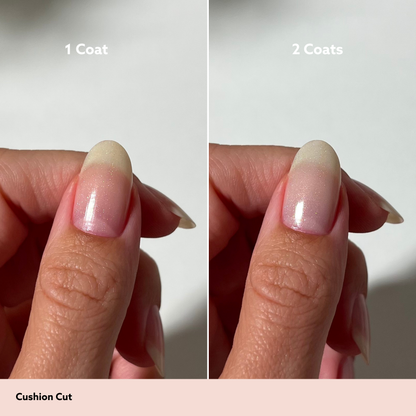 A split-screen comparison showing a cushion-cut nail before and after two coats of nail polish. The left side is labeled '1 Coat' and shows a natural, unpolished nail.
