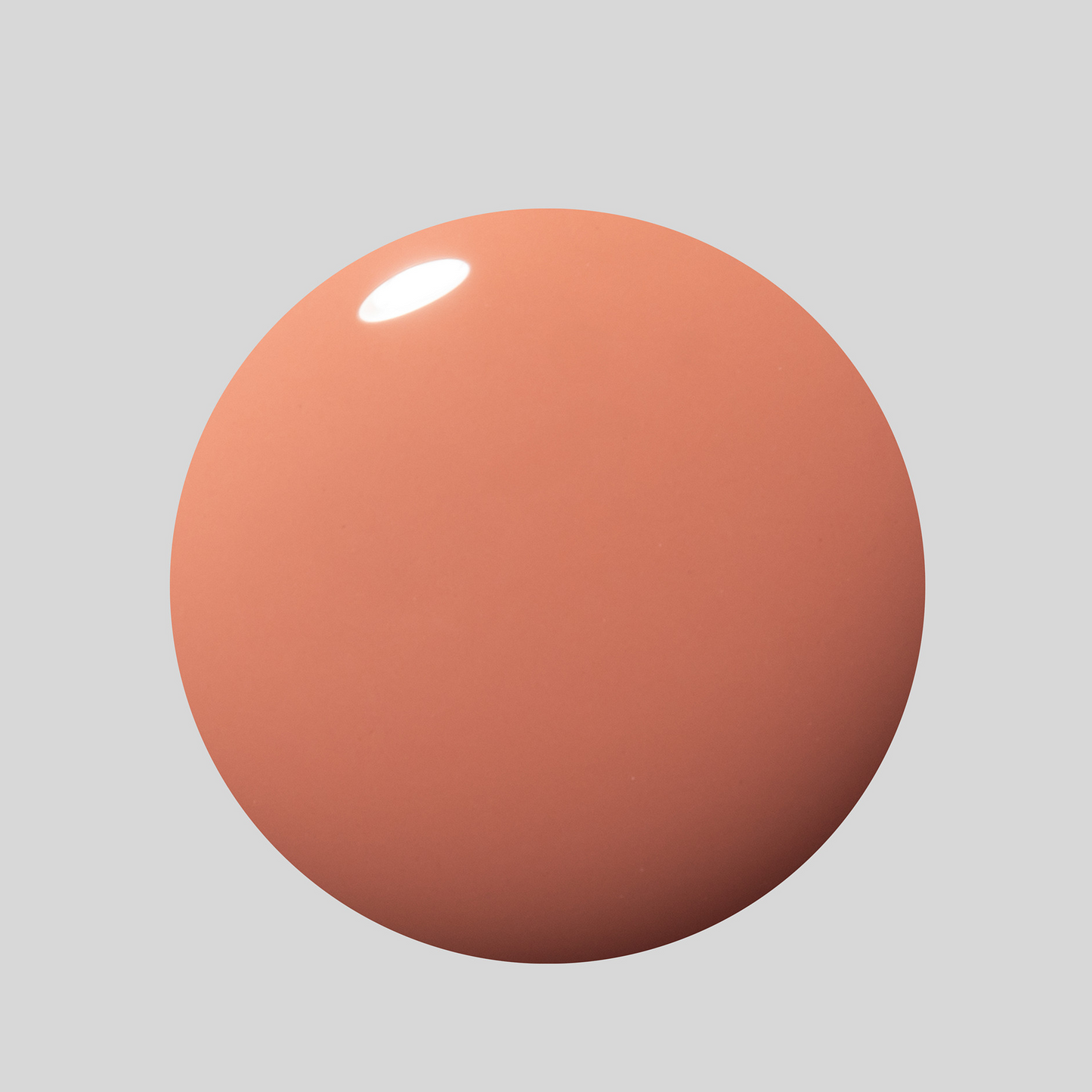 A glossy, smooth sphere in a warm terracotta or muted orange-brown color, shown on a solid light gray background with a white specular highlight.