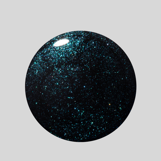 A circular glossy black swatch filled with dense teal and turquoise glitter, shown on a light gray background.