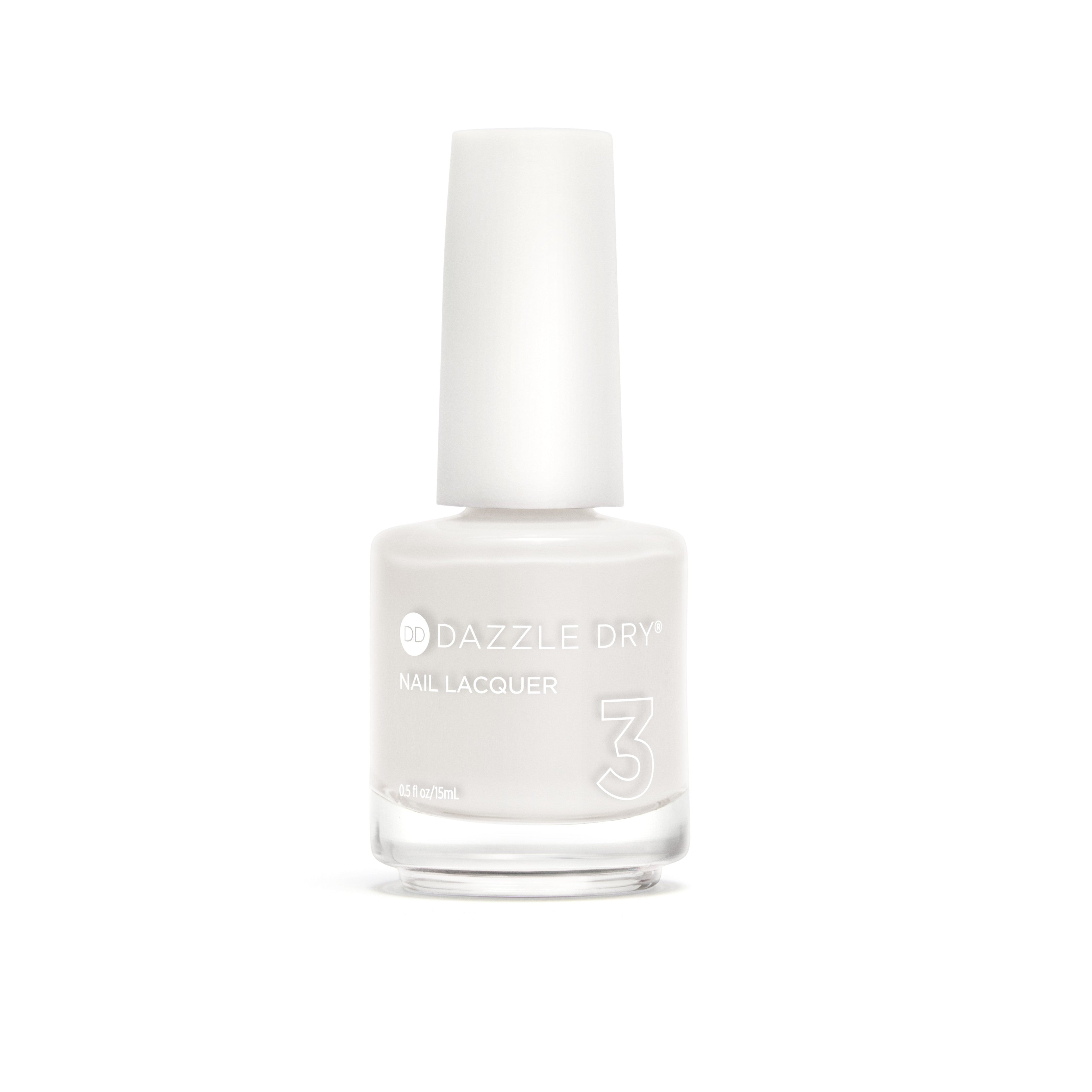 A bottle of Dazzle Dry nail lacquer in shade 3, featuring a white cap and a clear glass bottle containing a very pale, off-white nail polish, set against a solid white background.