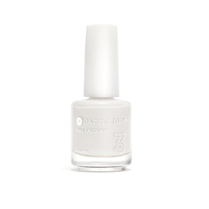 A bottle of Dazzle Dry nail lacquer in shade 3, featuring a white cap and a clear glass bottle containing a very pale, off-white nail polish, set against a solid white background.