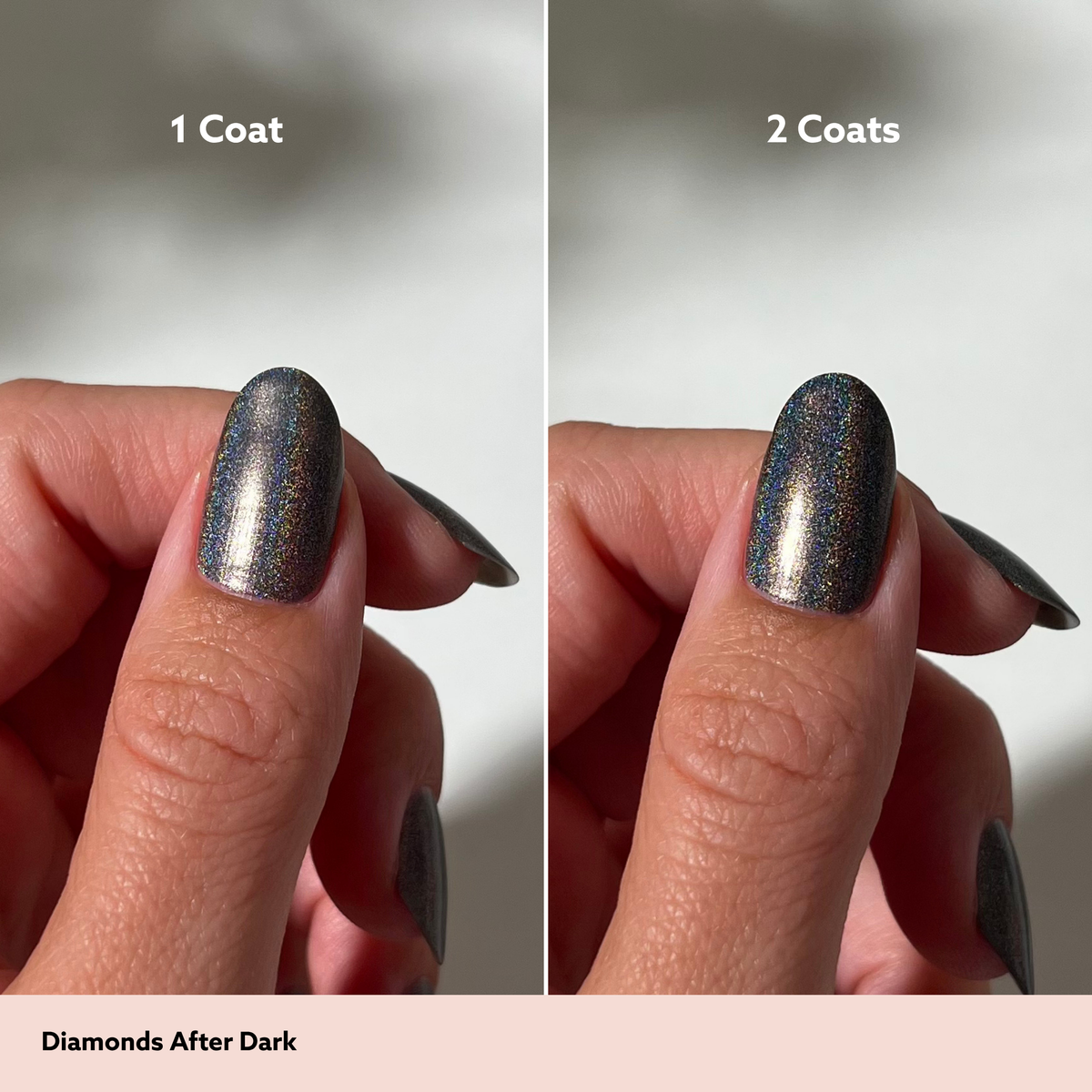 A split-screen comparison showing a fingernail before and after applying two coats of glitter nail polish. The text '1 Coat' appears above the left panel, '2 Coats' above the right panel, and 'Diamonds After Dark' at the bottom.