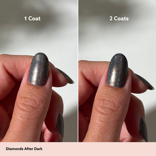 A split-screen comparison showing a fingernail before and after applying two coats of glitter nail polish. The text '1 Coat' appears above the left panel, '2 Coats' above the right panel, and 'Diamonds After Dark' at the bottom.