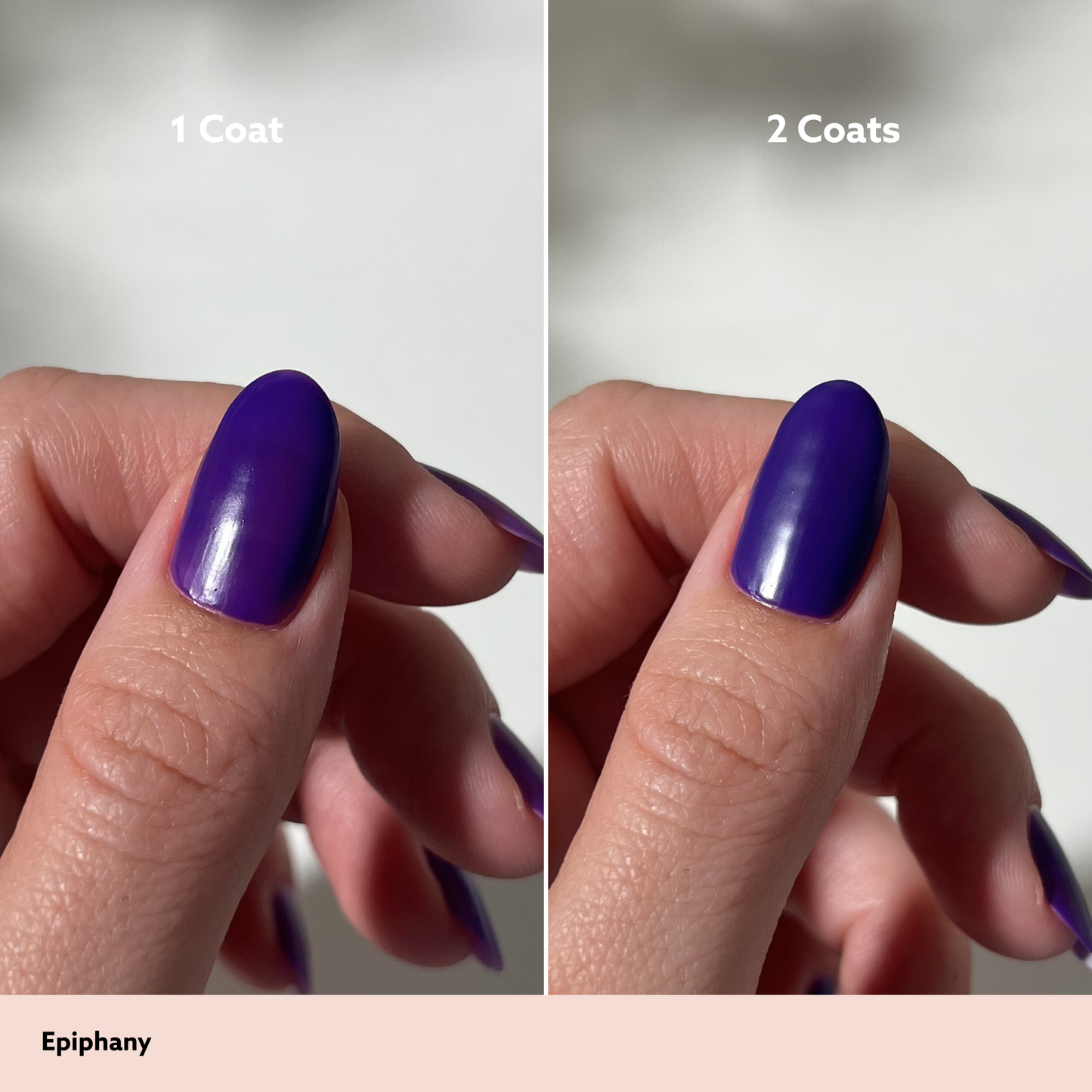 Comparison of a purple nail polish coat on a finger with '1 Coat' and '2 Coats' labels.