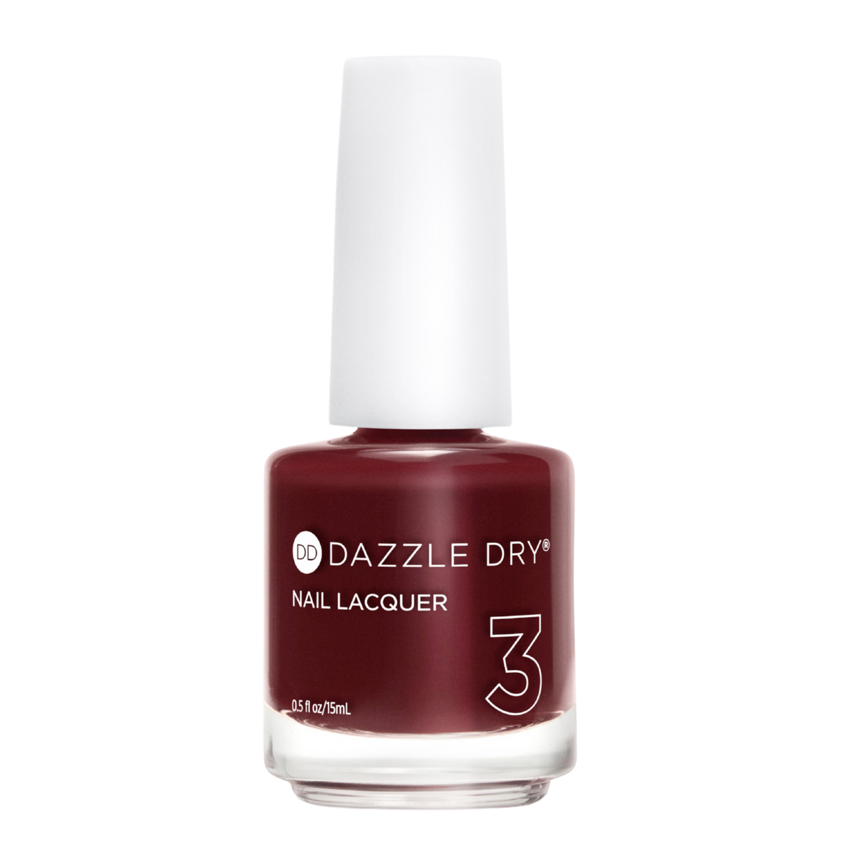A bottle of Dazzle Dry Nail Lacquer in shade 3, featuring a deep burgundy red color inside a clear glass bottle with a white cap, set against a plain white background.