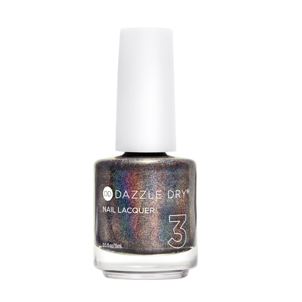 A bottle of Dazzle Dry Nail Lacquer in a shimmery, holographic metallic shade with silver, bronze, and purple tones, featuring a white cap on a plain white background.