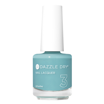 A bottle of Dazzle Dry Nail Lacquer in shade 3, featuring a light teal blue color with a white cap, set against a plain white background.