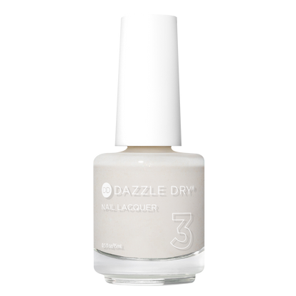 A bottle of Dazzle Dry Nail Lacquer in shade 3, featuring a light warm off-white color with a white cap, shown on a solid white background.