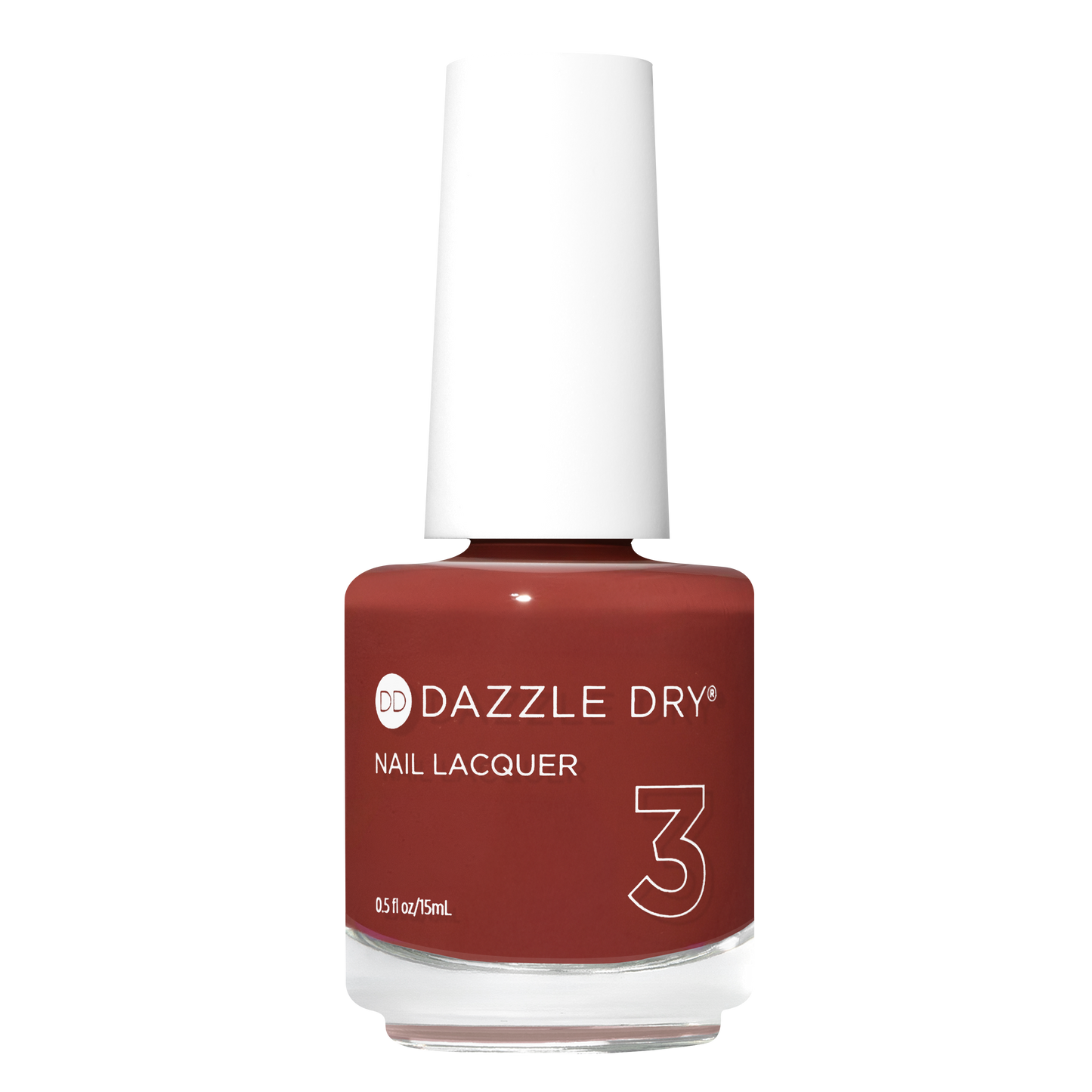 A bottle of Dazzle Dry Nail Lacquer in shade 3, featuring a deep reddish-brown color with a white cap, set against a plain white background.