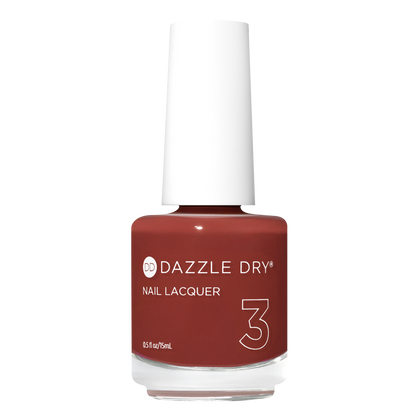 A bottle of Dazzle Dry Nail Lacquer in shade 3, featuring a deep reddish-brown color with a white cap, set against a plain white background.