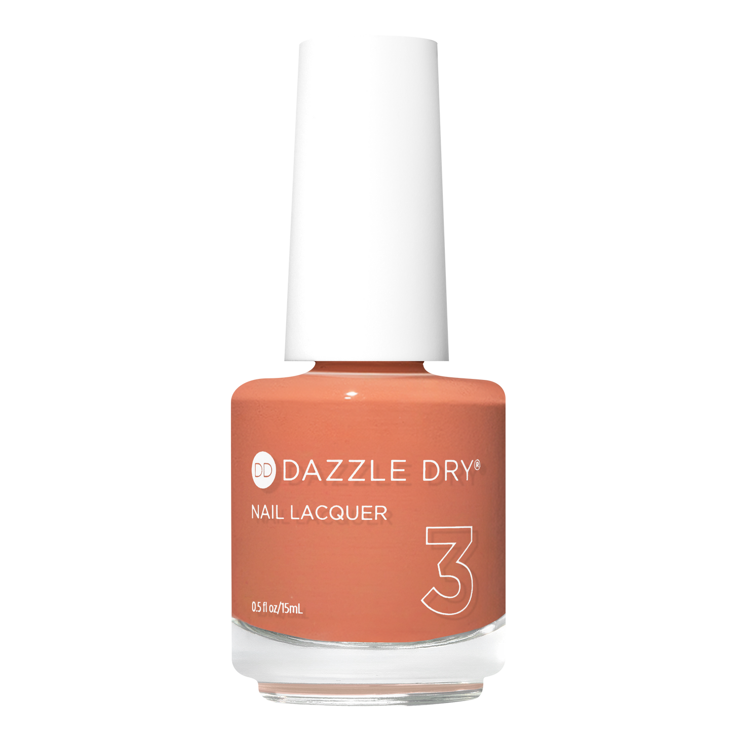 A bottle of Dazzle Dry Nail Lacquer in shade 3, featuring a peachy orange nail polish color and a white cap, set against a plain white background.