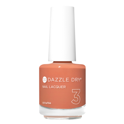 A bottle of Dazzle Dry Nail Lacquer in shade 3, featuring a peachy orange nail polish color and a white cap, set against a plain white background.