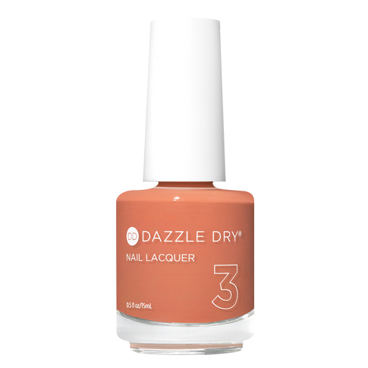 A bottle of Dazzle Dry Nail Lacquer in shade 3, featuring a peachy orange nail polish color and a white cap, set against a plain white background.