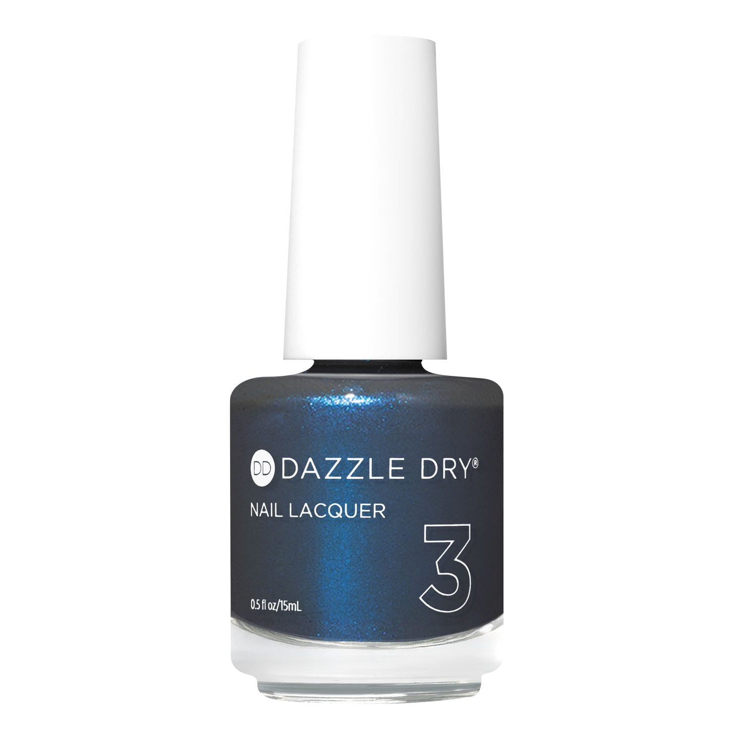 A bottle of Dazzle Dry Nail Lacquer in shade 3, featuring a dark blue metallic glitter polish inside a clear glass bottle with a white cap, set against a plain white background.