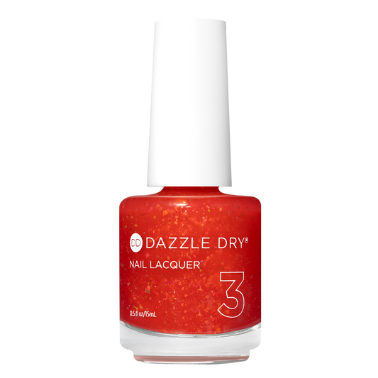 Red nail polish bottle with white cap on a white background