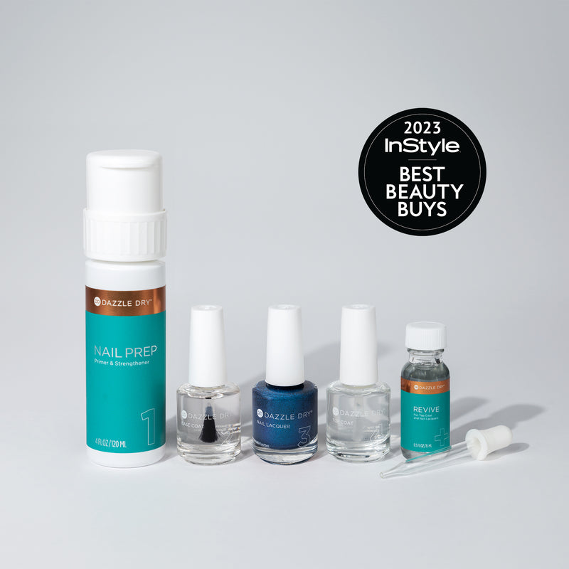 Glamorous System Kit - Nail Prep Bottle, Base Coat Bottle, Glamorous Nail Lacquer Bottle, Top Coat Bottle, Revive Bottle, Dropper