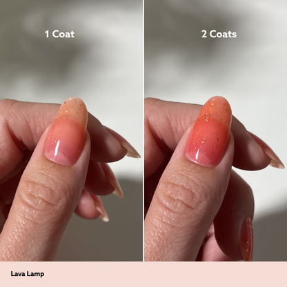 Comparison of 'Lava Lamp' nail polish with 1 coat and 2 coats on a neutral background.