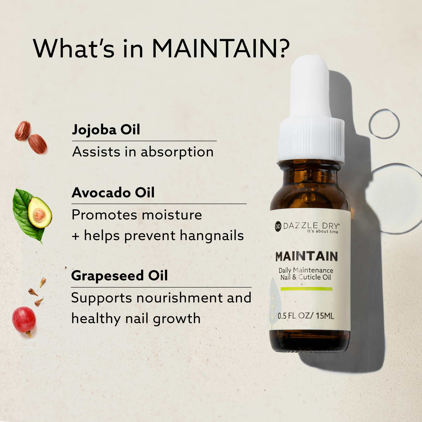 Bottle of Dazzle Dry MAINTAIN Daily Maintenance Nail & Cuticle Oil with ingredient highlights including jojoba, avocado, and grapeseed oils on a neutral background