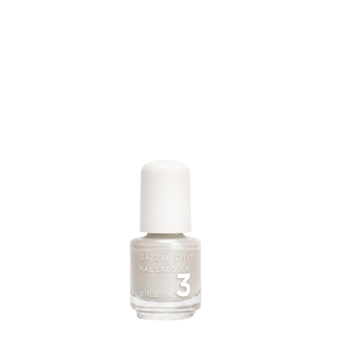 A bottle of Dazzle Dry Nail Lacquer in shade 3, featuring a white cap and a clear glass bottle showing a light, warm off-white nail polish inside, set against a solid white background.