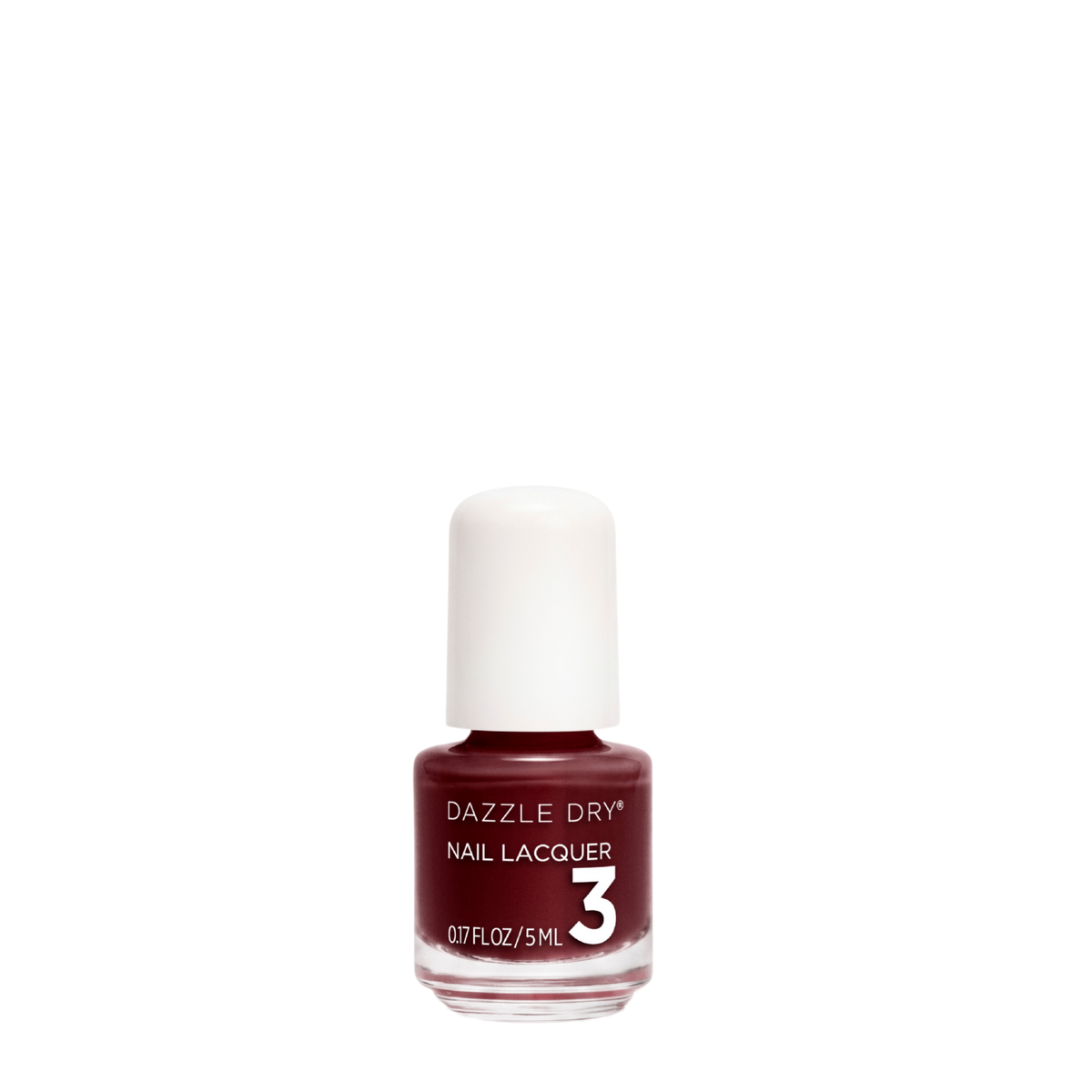 A bottle of Dazzle Dry Nail Lacquer in shade 3, featuring a deep burgundy red color with a white cap, set against a plain white background.