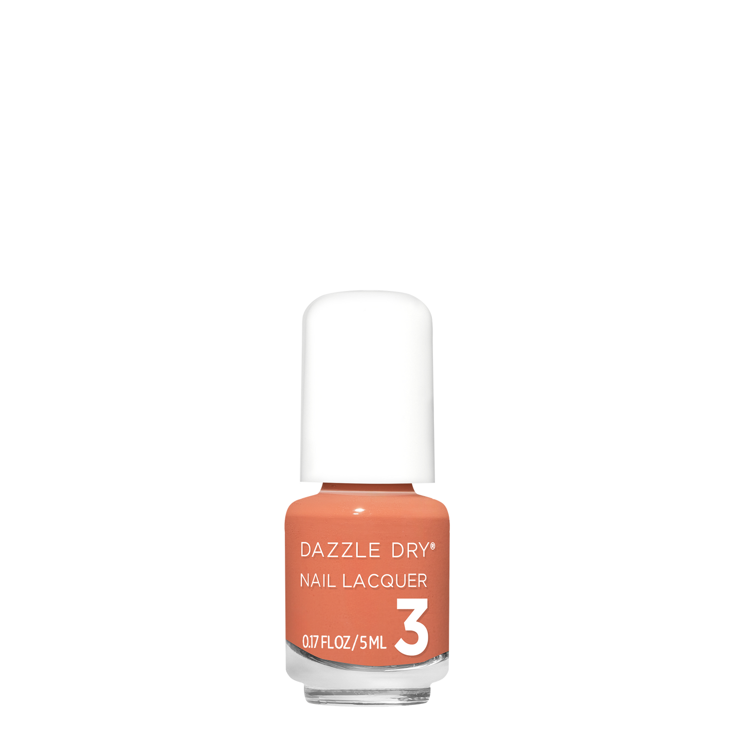 A bottle of Dazzle Dry Nail Lacquer in shade 3, featuring a peachy orange nail polish color visible through the clear glass bottle, with a white cap and white text on the label.