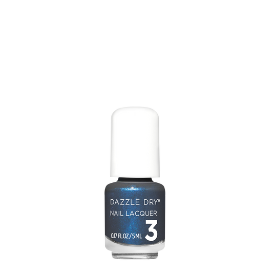 A bottle of Dazzle Dry Nail Lacquer in shade 3, featuring a dark blue shimmering nail polish with a white cap, set against a plain white background.