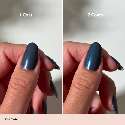 A split-screen comparison showing a fingernail swatch labeled '1 Coat' on the left and '2 Coats' on the right, with the text 'Plot Twist' at the bottom. The nail polish appears as a dark blue-gray metallic shade with a subtle shimmer.