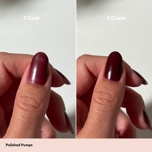 Side-by-side comparison of a nail polish finish labeled '1 Coat' and '2 Coats' on a person's thumb, showing a deep glossy plum-burgundy shade. Text at the bottom reads 'Polished Pumps'.