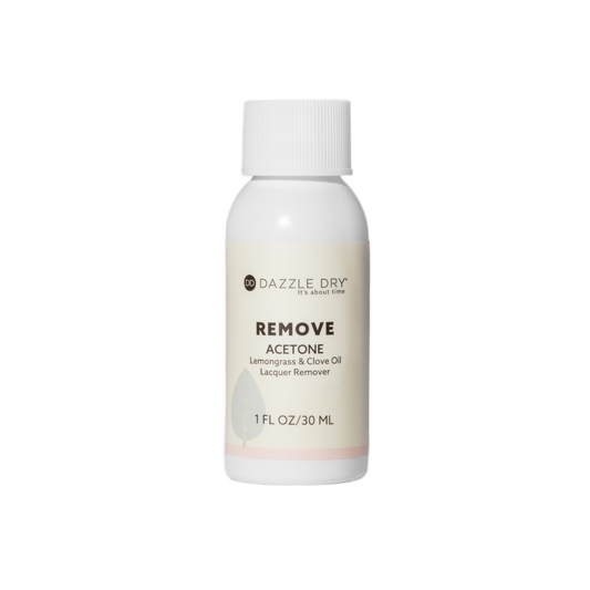 Bottle of Dazzle Dry acetone-based nail polish remover on a white background