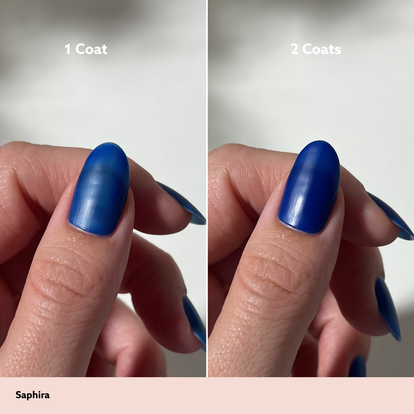 Comparison of blue nail polish application on a finger with '1 Coat' and '2 Coats' labels.