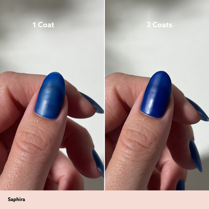 Comparison of blue nail polish application on a finger with '1 Coat' and '2 Coats' labels.