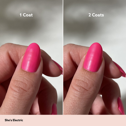 Comparison of pink nail polish application on a hand with '1 Coat' and '2 Coats' labels.