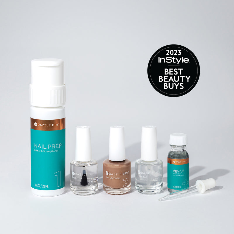 Shimmering Sands System Kit - Nail Prep Bottle, Base Coat Bottle, Shimmering Sands Nail Lacquer Bottle, Top Coat Bottle, Revive Bottle, Dropper