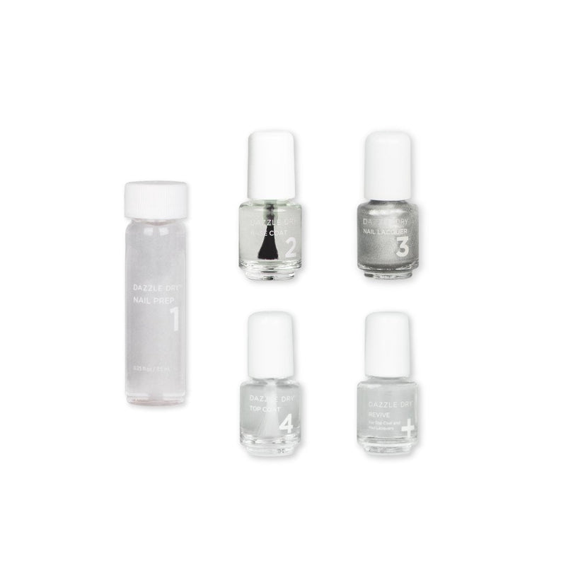 Silver Lamé Mini Kit - Mini Nail Prep Bottle, Mini Base Coat Bottle, Silver Lamé Mini Nail Lacquer Bottle, Mini Top Coat Bottle, Mini Revive Bottle