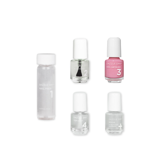 Soulmate Mini Kit from Dazzle Dry. .25oz Nail Prep, .17oz Base Coat, .17oz Soulmate Lacquer, .17oz Top Coat, .17oz Revive.