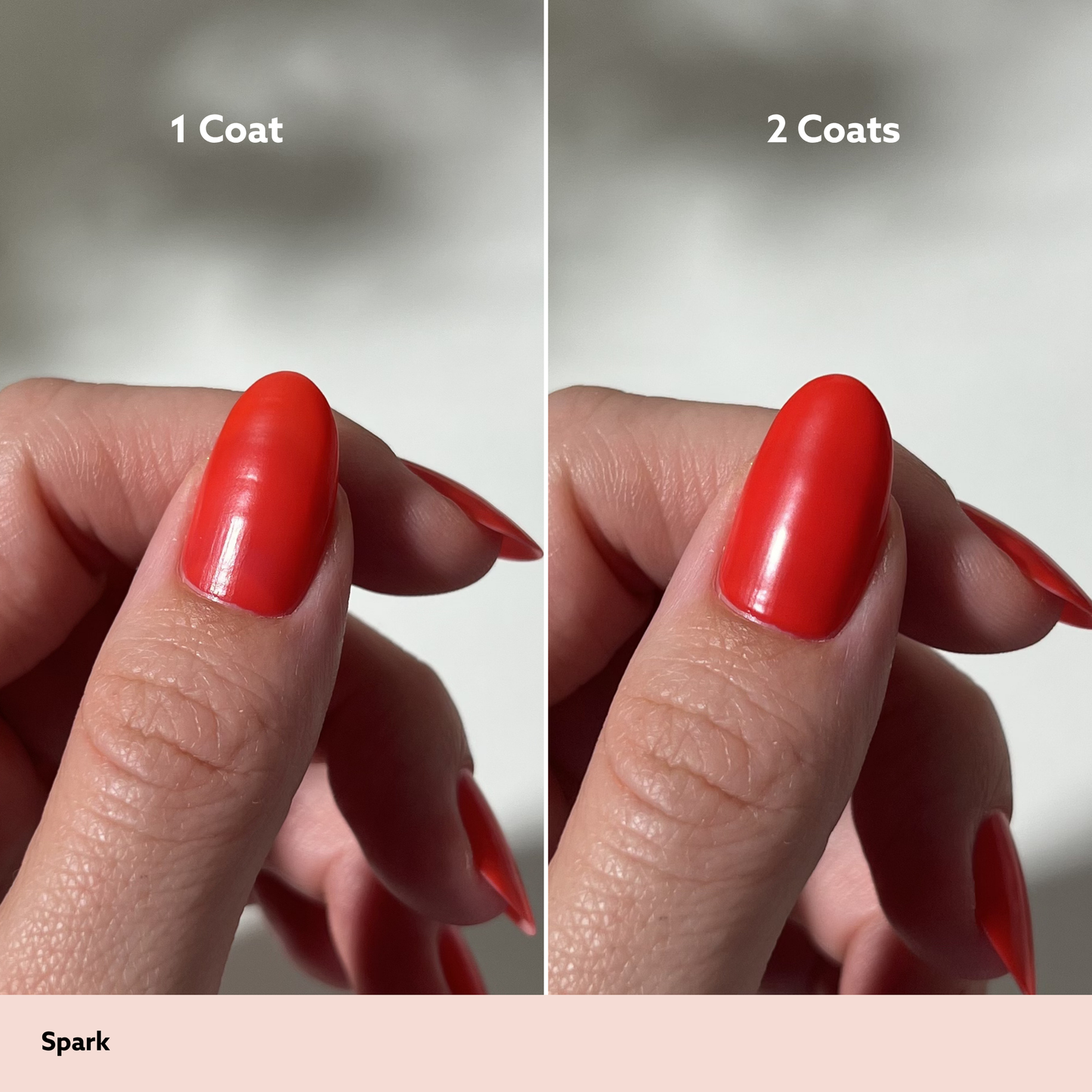 Comparison of red nail polish application on a hand with '1 Coat' and '2 Coats' labels.
