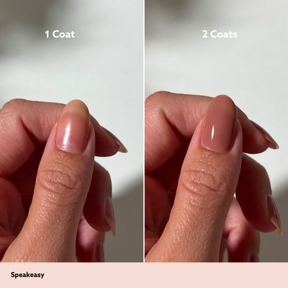 A split-screen comparison showing a close-up of a fingernail before and after two coats of nail polish. The left panel is labeled '1 Coat' and shows a glossy natural pink nail.