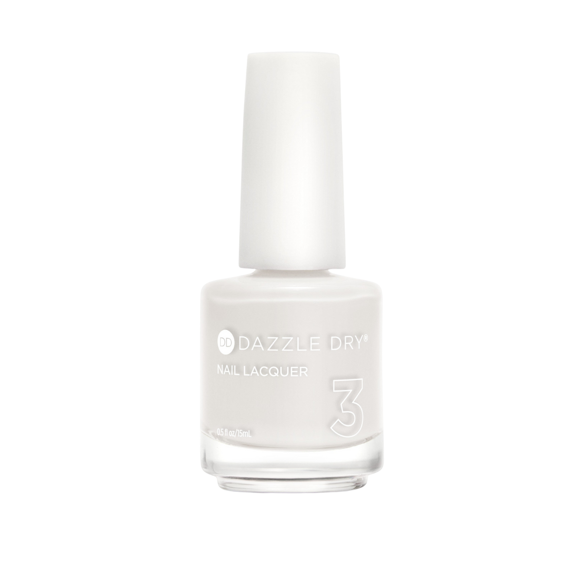 A bottle of Dazzle Dry Nail Lacquer in a solid off-white shade, featuring a white cap and clear glass bottle on a plain white background.