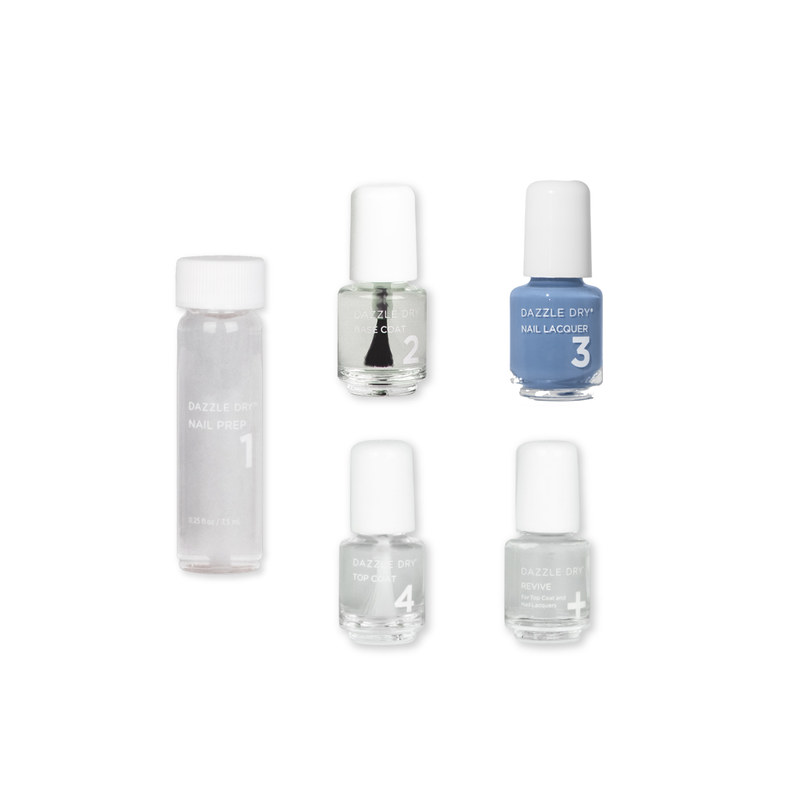 Varsity Blues Mini Kit - Mini Nail Prep Bottle, Mini Base Coat Bottle, Mini Varsity Blues Nail Lacquer Bottle, Mini Top Coat Bottle, Mini Revive Bottle