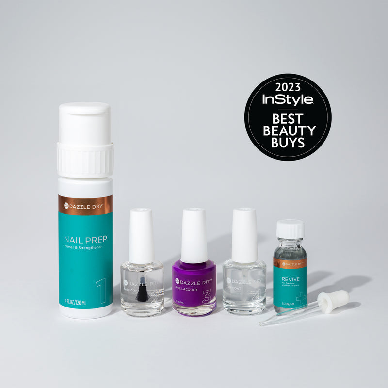 Violet Velvet System Kit - Nail Prep Bottle, Base Coat Bottle, Violet Velvet Nail Lacquer Bottle, Top Coat Bottle, Revive Bottle, Dropper